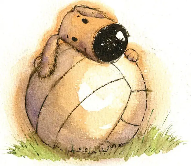A cute dog hugging a large volleyball while sitting in green grass, looking content with closed eyes.