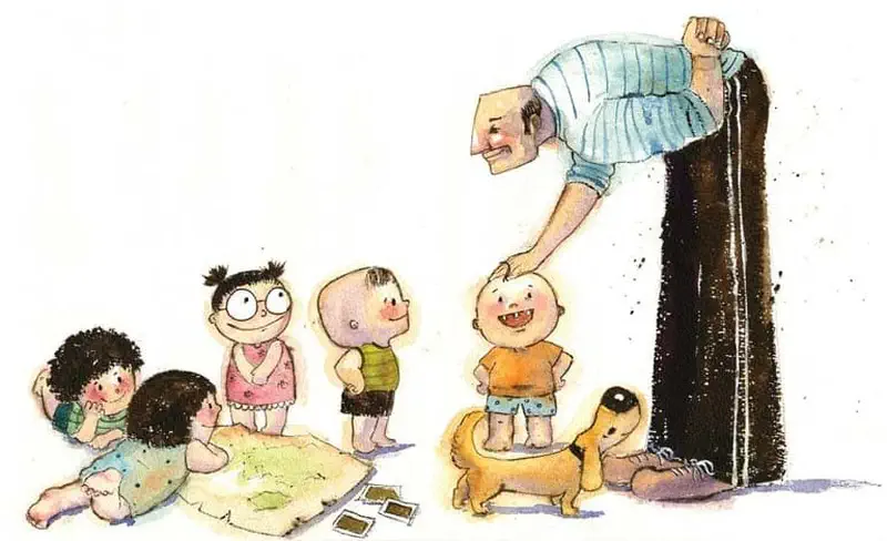 Grandfather pats a smiling child on the head while other children look at photos on the floor, with the family dog watching.