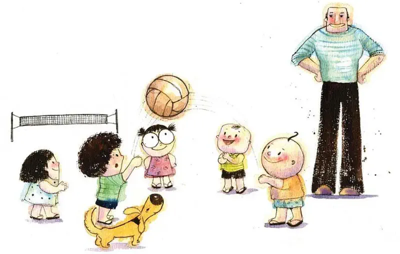 Children play volleyball while grandfather watches with hands on hips, as the dog runs around and one child bumps the ball over the net.