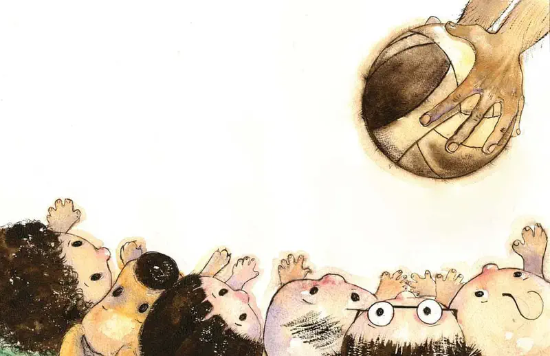 Children and a dog look up excitedly with raised hands as grandfather's large hand holds an old brown volleyball above them.