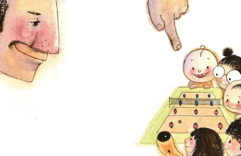 Close-up of grandfather's face pointing at a volleyball game diagram held by smiling children gathered around to learn the game.