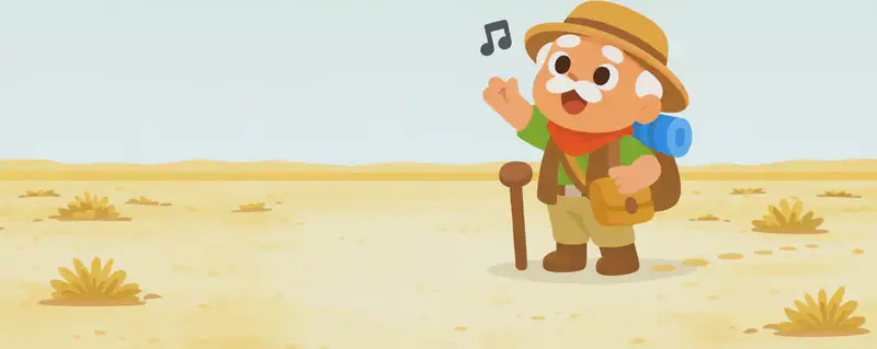 In the lower half of the image, Kaa stands at a three-quarter angle facing the viewer in the centre of a vast, flat, dry landscape, holding his wooden walking cane in one hand, his other hand raised toward the sky as he sings, with a musical note floating near his head. He has an open-mouthed, hopeful expression as he calls out to the clouds. Faint footprints trail behind him across the dusty ground. Sparse dry scrub brush dots the barren terrain on either side. The top half is open sky with a few wispy clouds, conveying a sense of wide-open emptiness and solitude.