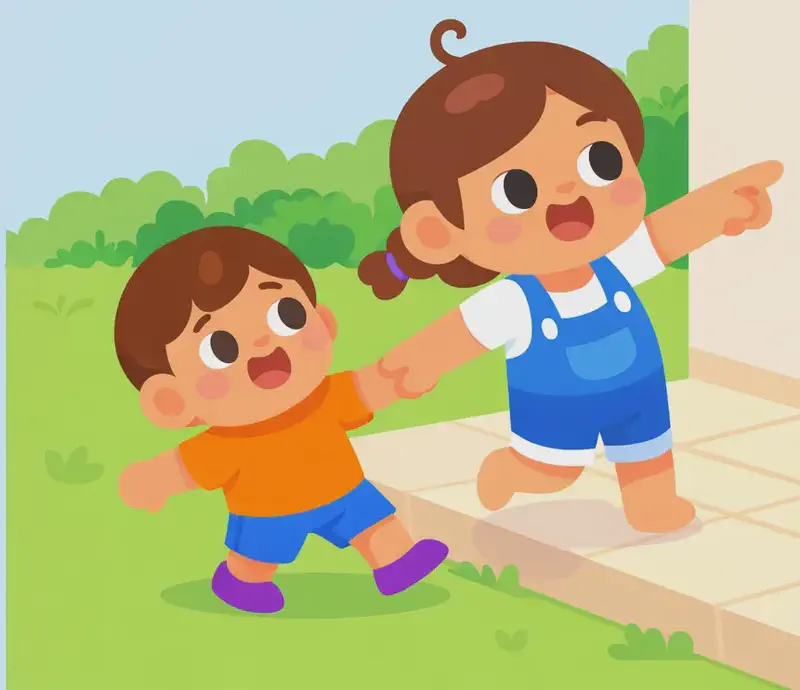 On the right side of the image, Kina stands on a tiled porch beside their house, grinning excitedly and pointing outward with one hand while holding Kale's hand with the other, mid-stride as she leads him off the porch. Kina has brown hair in a small side ponytail and wears blue overalls over a white t-shirt, walking barefoot on the pale stone tiles. Kale, a smaller boy in an orange t-shirt, blue shorts, and purple shoes, hurries along happily on the grass just behind her, smiling with an excited open-mouthed expression as he strides forward to keep up. The scene is set outdoors on a bright, sunny afternoon with a lush green yard and a row of bushes in the background under a soft blue sky, with the left half of the image left as open sky.