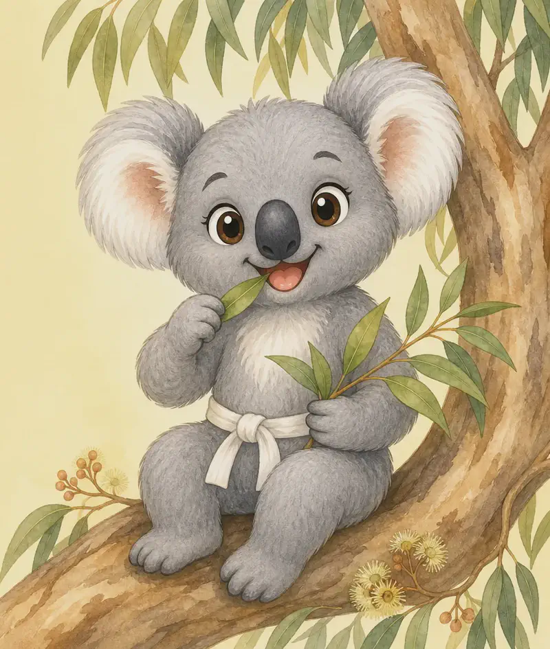 Introduce Karina. She is on a eucalyptus branch holding a small cluster of eucalyptus leaves, nibbling on one. Friendly, calm expression. The setting suggests an Australian-feeling eucalyptus tree to mark her as a recent newcomer. Mood: welcoming.