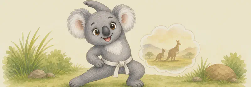 Karina in a simple fitness pose — perhaps stretching or balancing on her back legs. A small thought-bubble shows two distant kangaroo silhouettes (her missed friends from Australia). She looks a touch wistful but determined.
