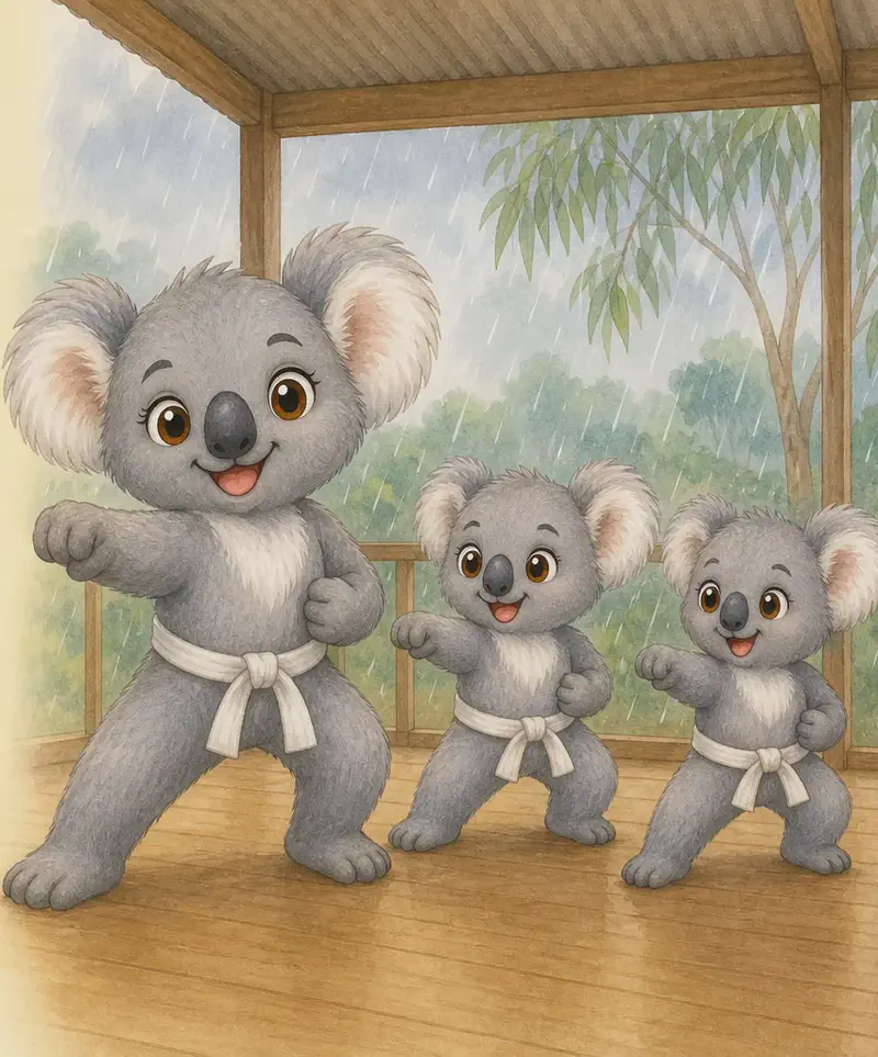 Karina stands in front of two small young koalas (Karim and Kika) inside a simple kiosk (a small open-sided shelter with a roof). She demonstrates a karate move; the two young koalas copy her with focused little faces. Light rain falls outside the kiosk roof.