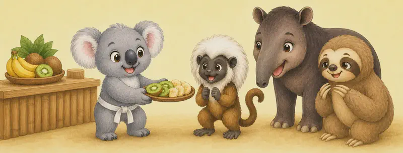 Inside or beside the kiosk: Karina offers slices of kiwi and banana on a small platter to Mario the monkey, Diana the tapir, and Octavio the sloth, who are grouped together as her enthusiastic karate students. Everyone looks happy and energized after the workout. Friendly, social scene.