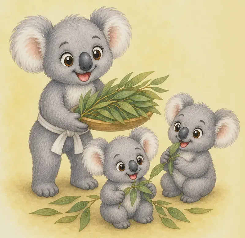 Karina serves a generous heap of fresh eucalyptus leaves to the two younger koalas. Everyone looks satisfied and cheerful — the closing feel-good scene of a healthy day. Simple background.