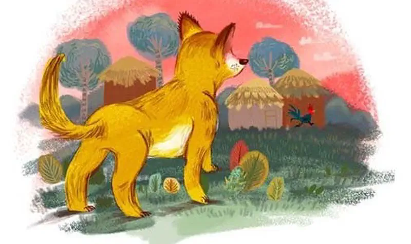 A golden fox stands alert in a village scene with thatched huts and pink sunset sky, watching a rooster in the distance.