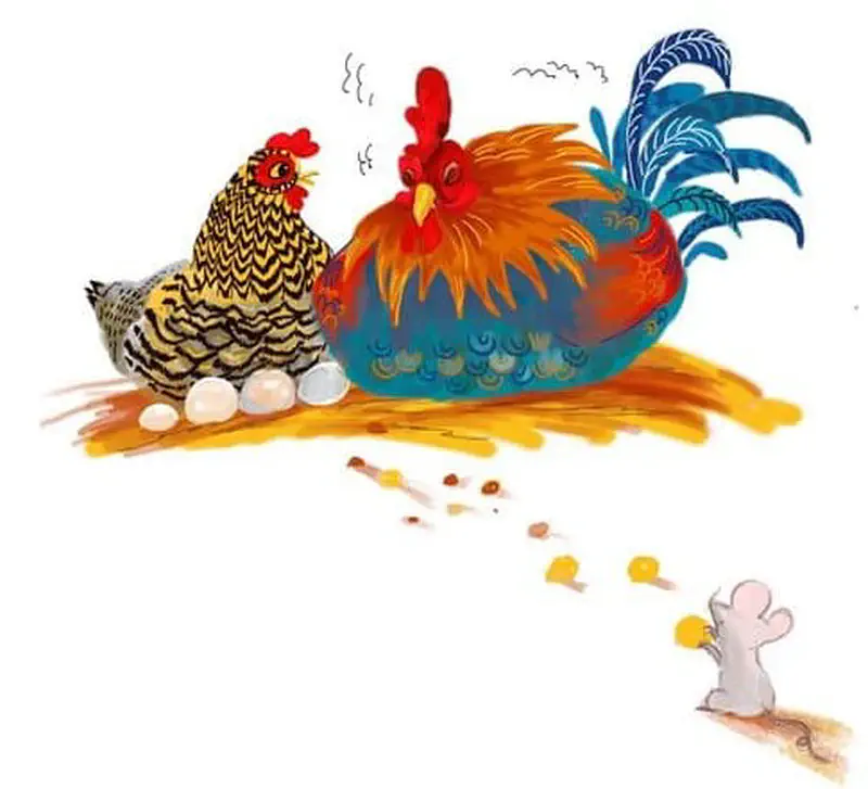A striped hen sits on eggs beside a resting rooster while a small white mouse follows footprints nearby.