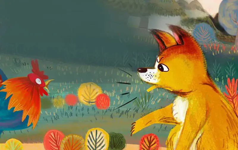 A fox with a surprised expression confronts a rooster in a colorful meadow with decorative leaves and mountains in the background.