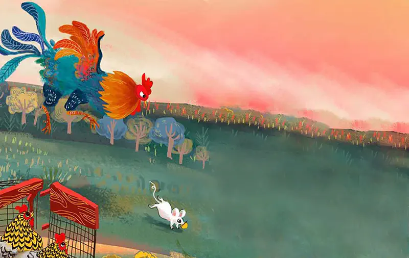 A rooster flies through the pink sunset sky while a small mouse runs below near a chicken coop with hens watching.