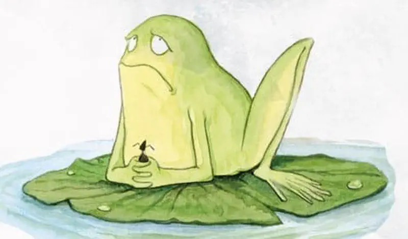 A sad green frog sits on a lily pad in blue water, holding a small ant in its hands.