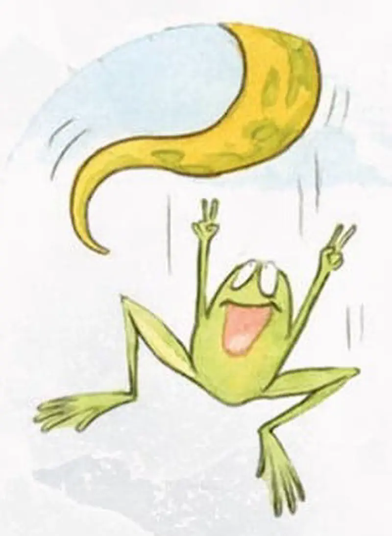 A happy frog jumps with arms raised making peace signs as a yellow snake falls through the rain above.