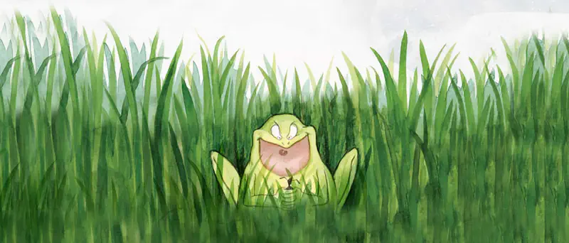 A grinning frog with a mischievous expression holds an ant while hiding in tall green grass.