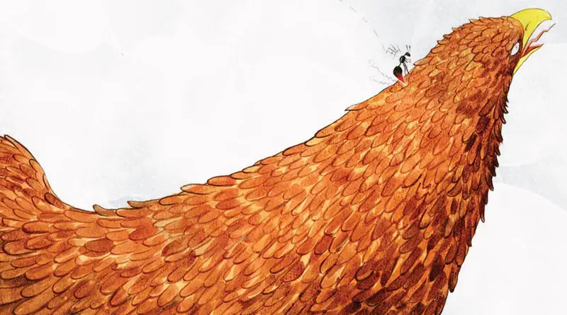 Close-up of a brown hen with detailed feathers looking up with beak open, while a small ant clings to its neck.