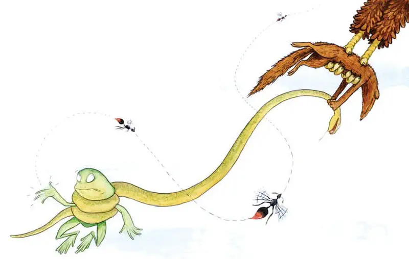 An eagle carries a snake through the sky with a frog clinging on while ants buzz around them in looping flight paths.