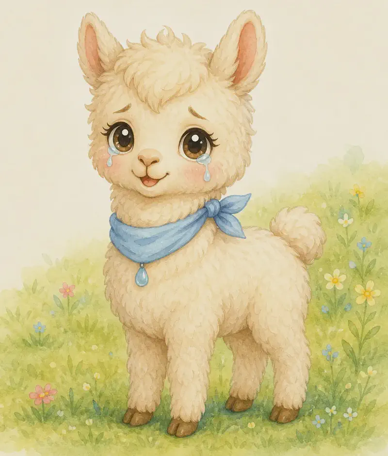 Introduce Lluvia. Show her full body in a soft pose, big shining tears welling in her eyes or a tear or two on her cheek. Setting: a simple grassy field. Mood: gently sad but endearing.