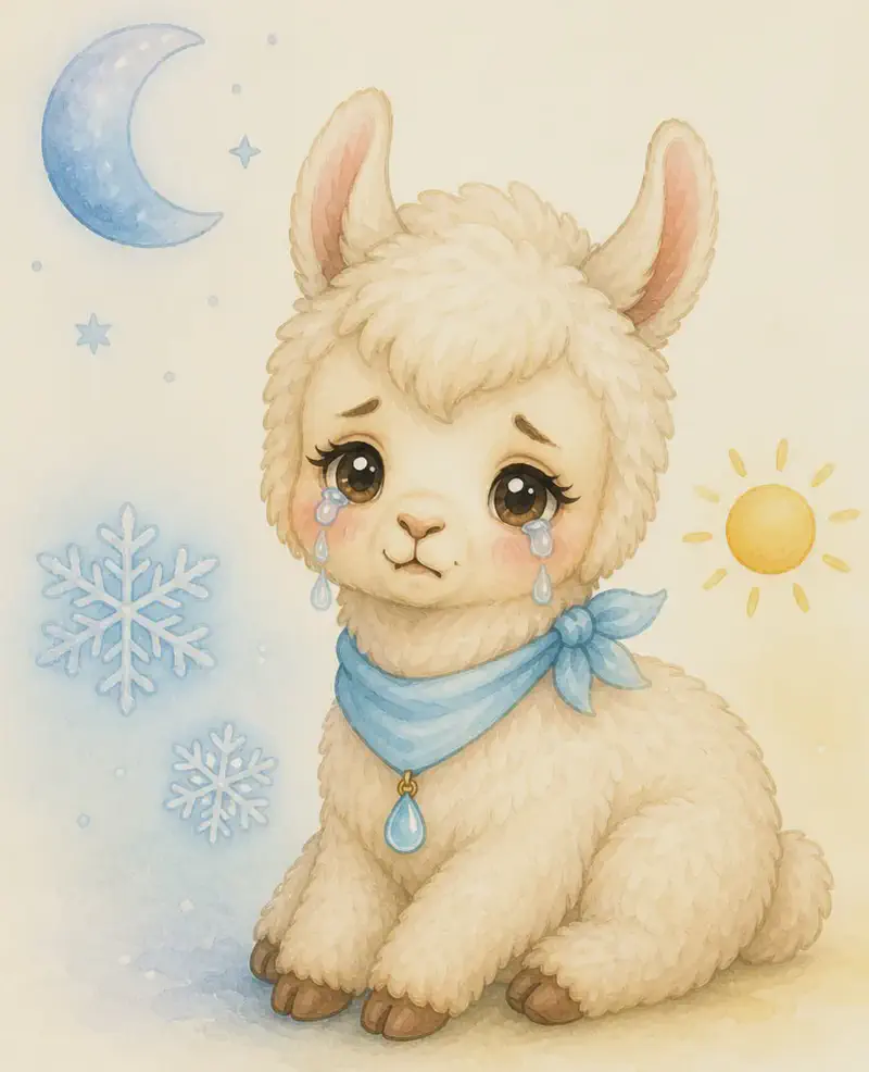 Lluvia sits with her head slightly bowed, tears flowing. A few simple suggestion props nearby: a snowflake or two and a small sun symbol in the sky together (suggesting both cold and heat thoughts), with a moon visible above to nod at "night." Keep the props very minimal and clustered with her, not spread across the page. Mood: deeply sympathetic, weepy.