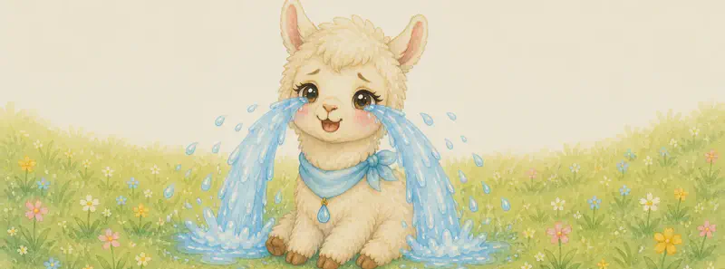Lluvia in daylight, with very abundant tears streaming from her eyes — almost cartoonish little waterfalls — sitting in a grassy field. Her expression is overwhelmingly emotional. Mood: comic but tender, crying "a mares."