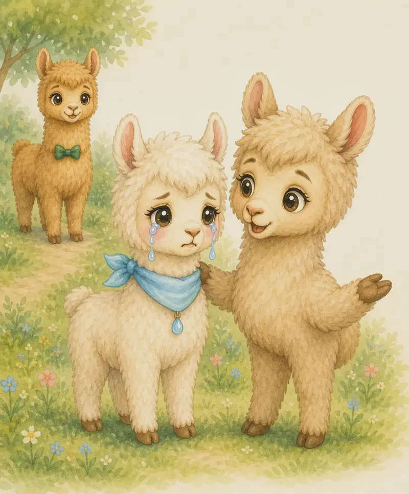 Lluvia crying again at the centre, with her friend Llamarada beside her leaning in to gently give advice — one front leg gestured out as if encouraging. Llorente is visible in the background, unaware. Mood: advice and tearful determination.
