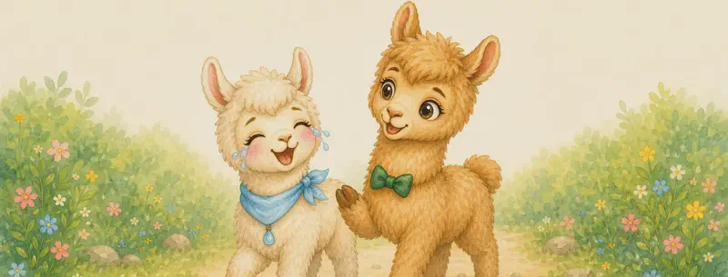 Lluvia and Llorente walking side by side along a park path. Lluvia is laughing helplessly — eyes scrunched, mouth wide in laughter, with tears of laughter on her cheeks. Llorente is mid-story, head tilted toward her cheerfully. Mood: joyful, comedic friendship.