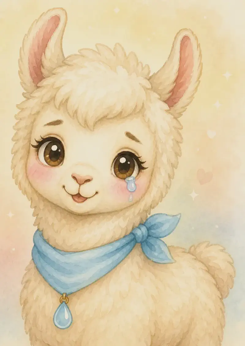 A closing portrait of Lluvia smiling warmly, with one happy tear glistening on her cheek — endearingly her crybaby self forever. Setting: simple soft background. Mood: warm, fond closing page.