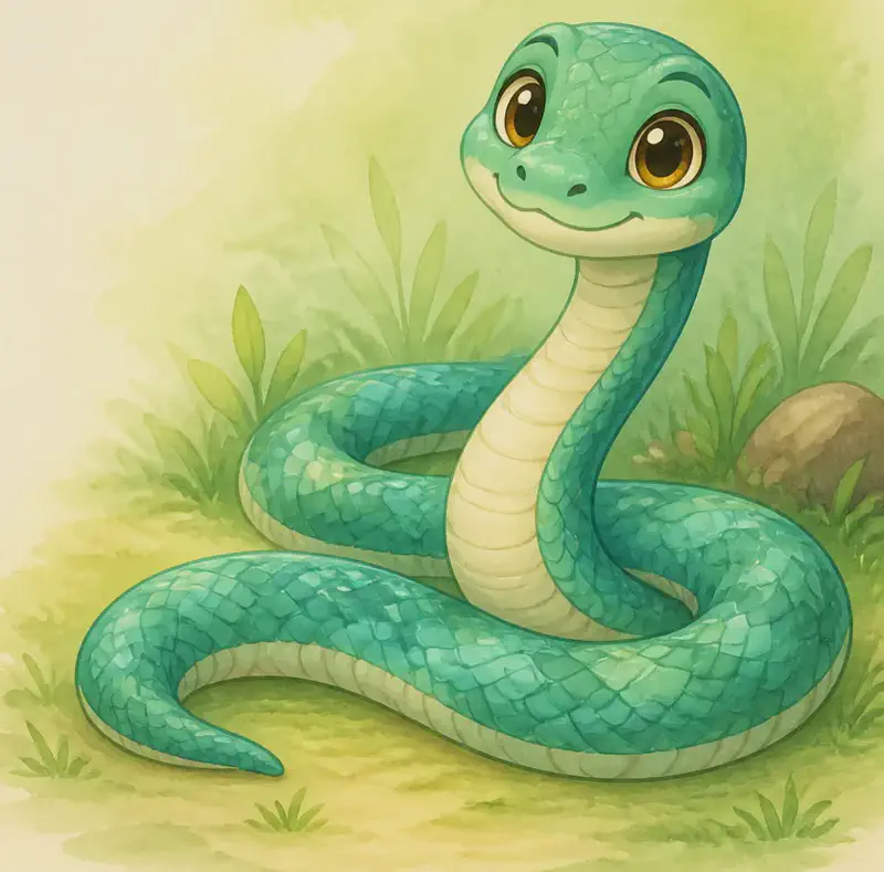 Introduce Sara. She is shown stretched along the ground, clearly with no legs, her long scaly body curving gently across a simple patch of grass or dirt. Her mouth is closed or only slightly open — fangs not emphasised on this page. Mood: warm and welcoming — the reader's first look at the main character.