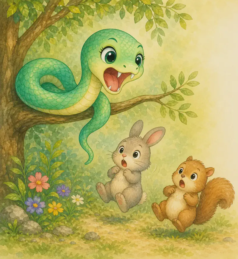 Sara is mid-hiss with her mouth open enough to clearly show her two sharp fangs and her scaly body. Nearby, one or two unnamed small forest animals jump back in startled surprise on hearing her hiss. Mood: surprising, slightly tense but not menacing — keep child-friendly.