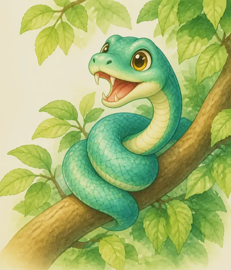 Sara coiled neatly around a tree branch among the leaves, partially hidden. Her head is raised and her mouth is open in a hiss with her two fangs visible. Her eyes are alert as she watches something off-page. Do not show humans or fire on the page — only Sara hidden in the branch reacting to what she sees. Mood: alert, watchful, brave.