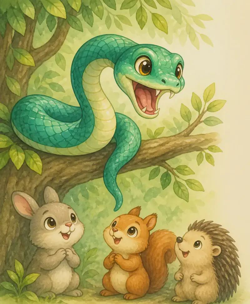 Sara still in or near her branch, mouth open in a strong hiss with fangs visible. Two or three unnamed small forest animals are visible nearby, looking up at her with relieved, grateful expressions as they realise she is protecting them. Do not depict humans. Mood: strong, protective, the animals' newfound understanding.