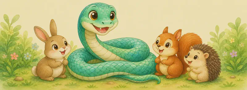 Sara coiled comfortably on the ground or low branch with a warm, content expression. Two or three unnamed small park animals are gathered around her in friendly closeness — no fear, only gratitude and welcome. Mood: warm, accepting, the closing feel-good page.