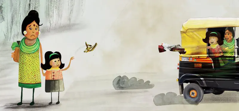 A girl in a plaid shirt watches as passengers in an auto-rickshaw throw trash out the window while her mother looks on disapprovingly.