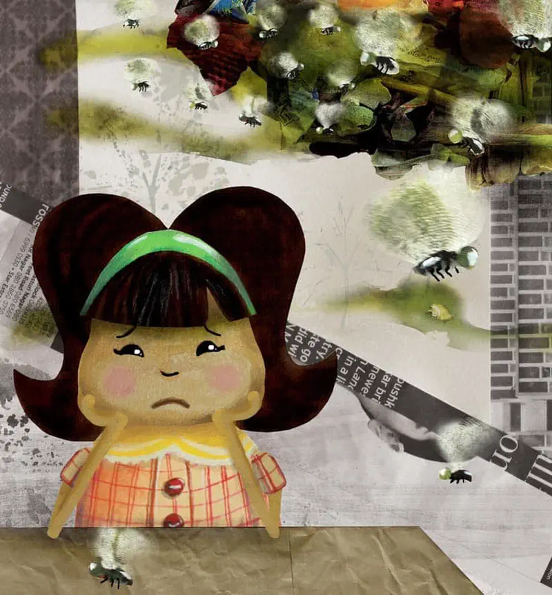 A sad girl stands alone with flies buzzing around garbage above her head while newspapers and debris surround her.