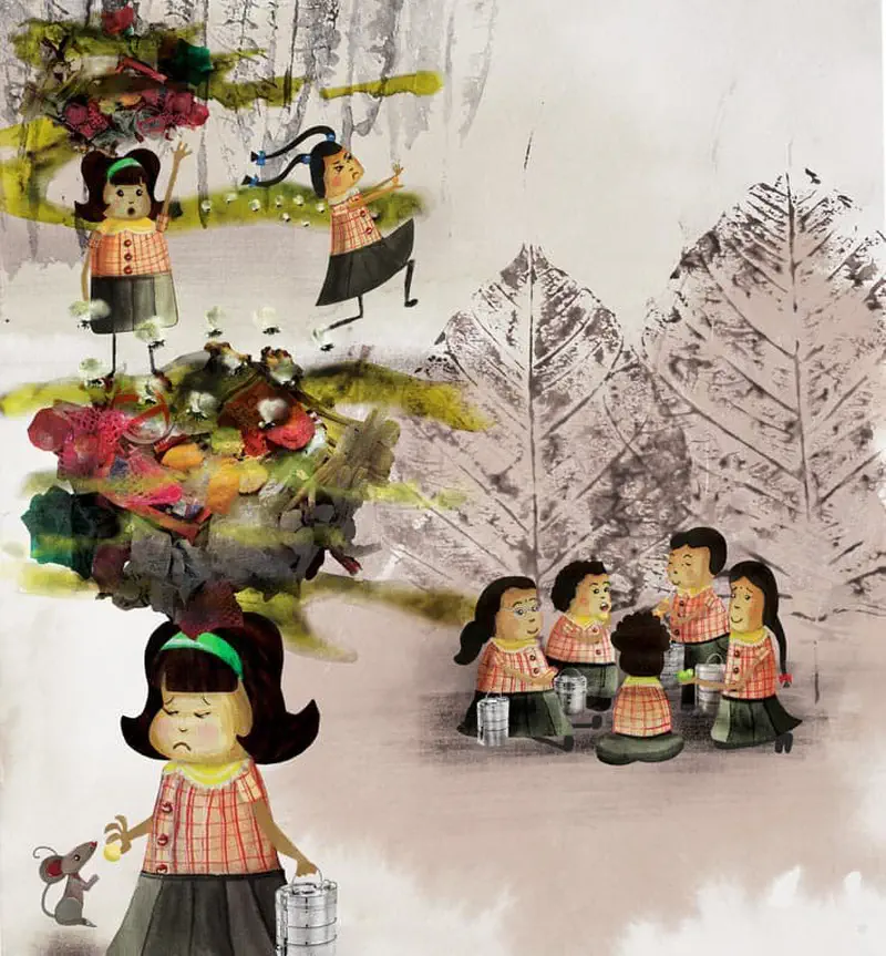 A dejected girl with trash cloud above her head stands apart while classmates gather together with cleaning buckets nearby and a mouse offers comfort.