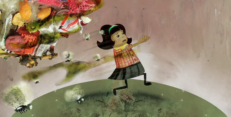 A frustrated girl tries to push away a cloud of trash and flies while standing on a green hill.