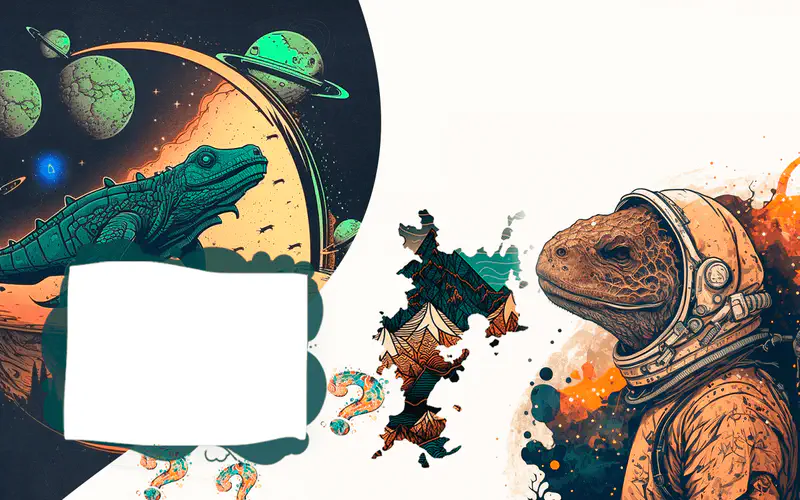 A Komodo dragon in an astronaut suit floats in space. A green lizard appears among planets and stars. A map of Indonesia is shown.