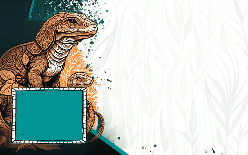 An adult Komodo dragon protects a smaller baby dragon against a teal and orange splattered background. A blank teal text box sits ready for facts.
