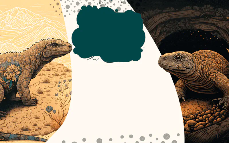 Two views of Komodo dragons in their habitats. One stands in a sunny desert landscape, the other rests in a dark underground burrow.