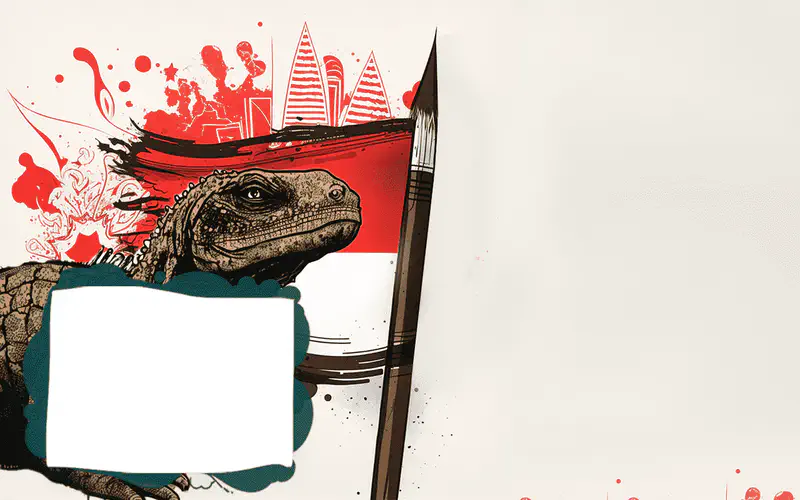 A Komodo dragon in front of the red and white Indonesian flag. Bold artistic brush strokes and splatters create a dynamic composition.