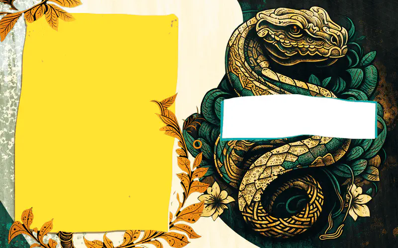 A decorative coiled Komodo dragon with intricate scale patterns in gold and teal. Orange leaves frame a yellow text area on the left side.
