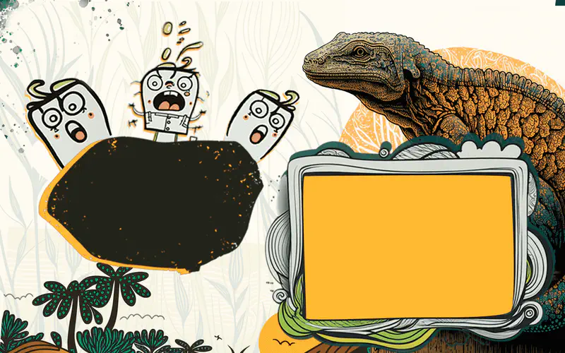 Scared cartoon characters react to a large realistic Komodo dragon. Yellow text frames sit ready for facts. Jungle plants fill the background.