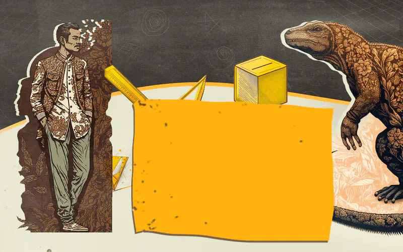 A man in traditional Indonesian batik clothing stands beside measuring tools and a Komodo dragon. Yellow rulers and a box suggest size comparison.