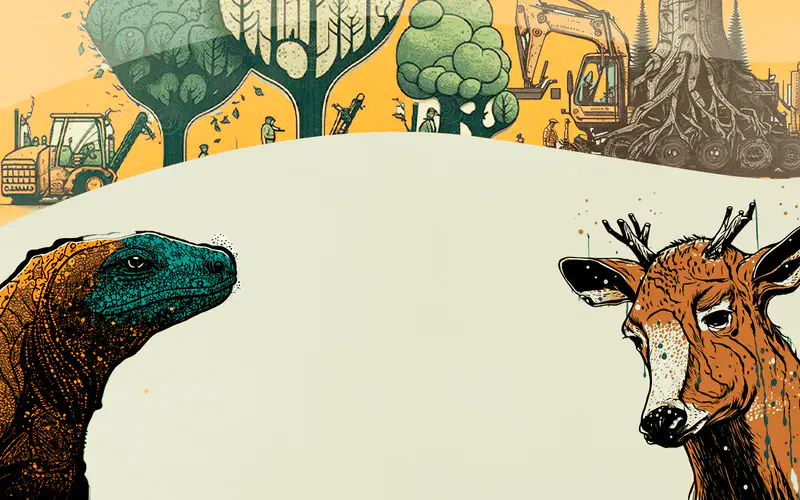 A Komodo dragon and deer face each other with a deforestation scene above showing trees, bulldozers, and exposed roots in yellow and green tones.