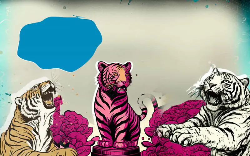 Three stylized tigers in different colors - orange, pink, and white - surrounded by magenta flowers against a vintage background.