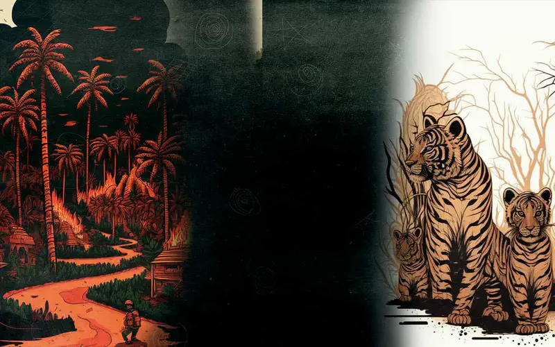 Split scene showing burning palm trees with a person walking away, and a tiger family standing in a barren landscape.