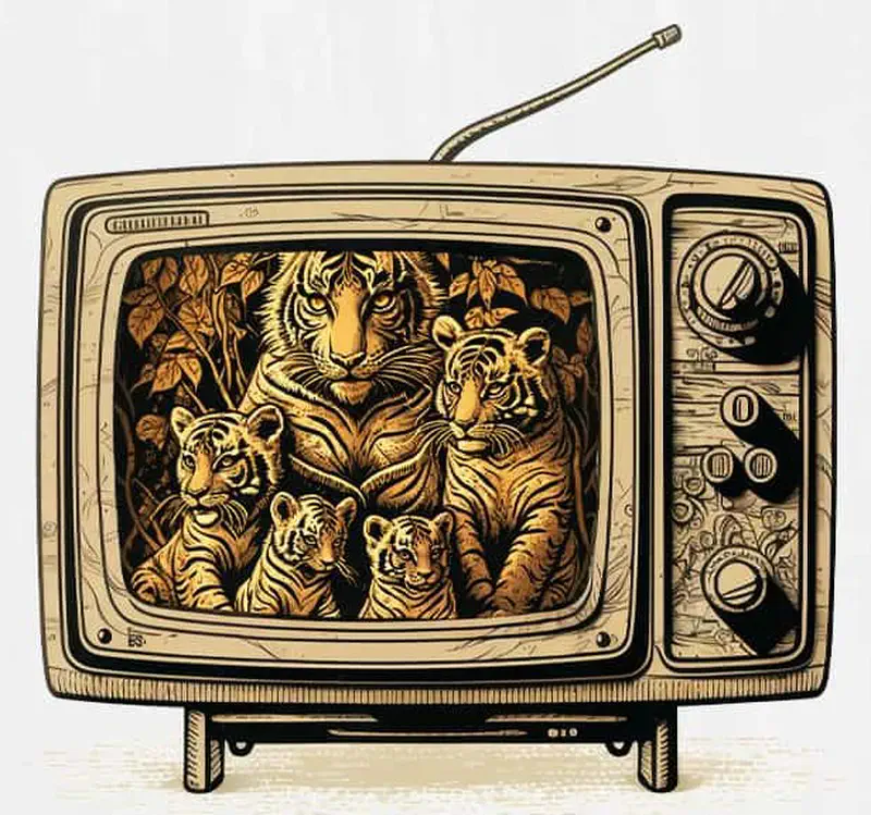 Vintage television set displaying a tiger family with cubs surrounded by jungle foliage.