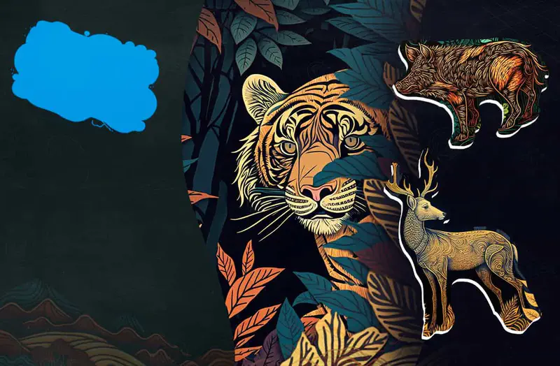 Tiger face emerging from jungle leaves with a wild boar and deer as prey animals illustrated nearby.