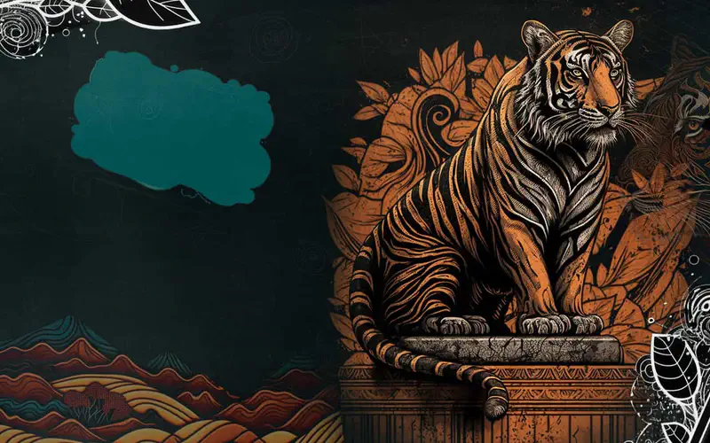 Majestic Sumatran tiger sitting on a stone pedestal with decorative mountain landscape and leaf patterns.