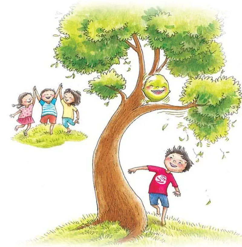 Children wave and celebrate under a big tree while the smiling ghost sits on a branch. A boy in red dances joyfully below.